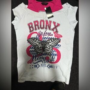 tunic t-shirt white and pink with Bronx on it .. cut out cap sleeves
